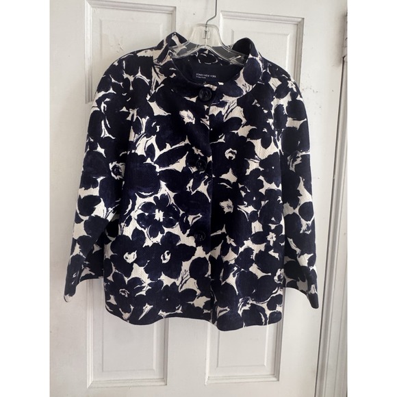 Jones New York Signature Jacket Sz 8 Navy White Floral Swing Coat Chic Retro - Picture 1 of 12